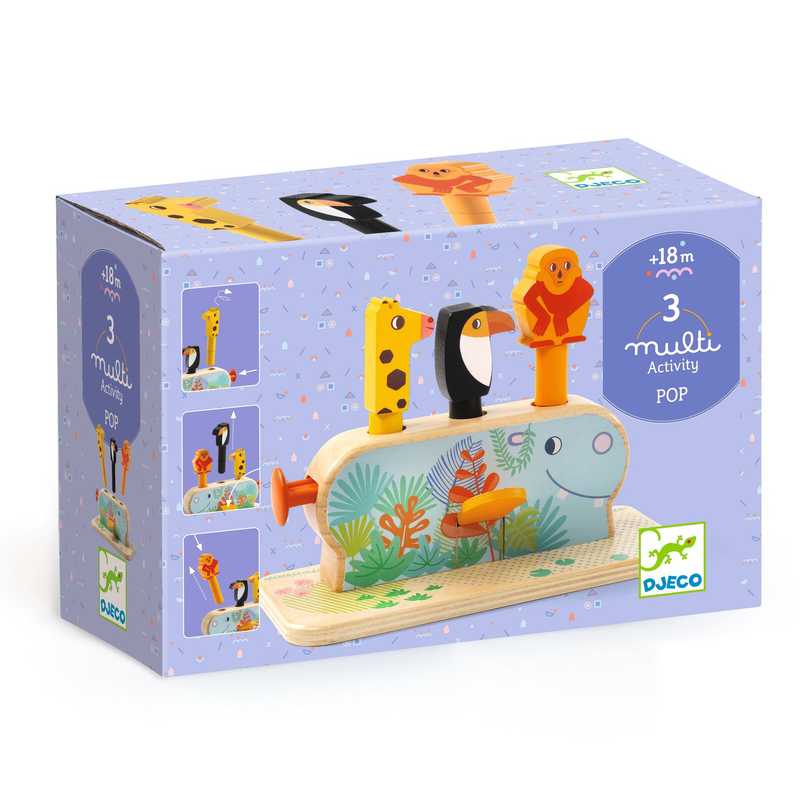 Caixa do Djeco Jogo Pop Up Multi pop, mostrando o brinquedo de madeira com macaco, tucano e girafa.