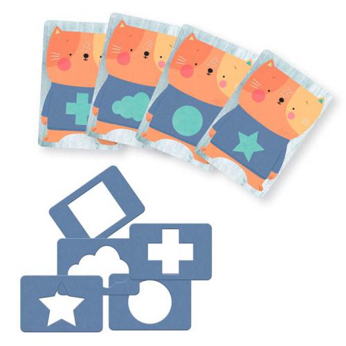 Detalhe do jogo Djeco Primo Ludo - Aprende as Formas, mostrando os cartões de gatos e as camisolas com diferentes formas geométricas.