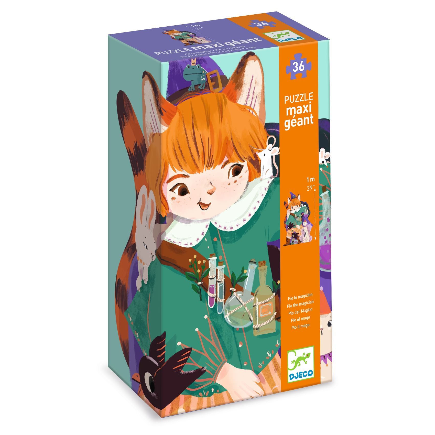 Caixa do Puzzle Gigante Djeco Pio, o Feiticeiro (36 peças). Ilustração colorida de Pio, um feiticeiro gato, com animais e frascos de poções.