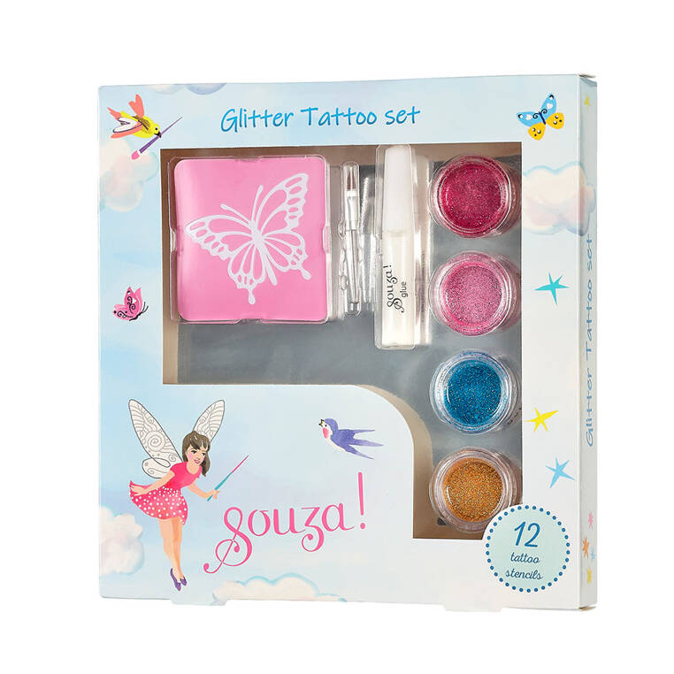 Souza Kit de Tatuagens com glitter em caixa colorida, mostrando stencils de borboleta, glitter, pincel e adesivo, com ilustrações de fadas.