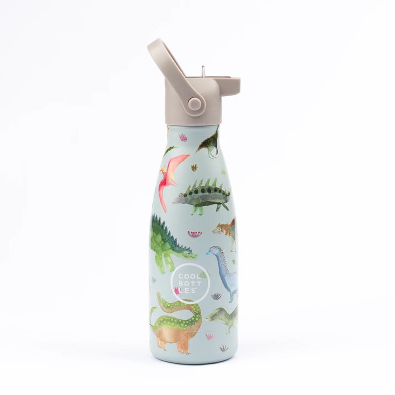Garrafa térmica Cool Bottles Dinos Planet de 260ml com tampa de palhinha aberta, ilustrada com dinossauros coloridos em fundo azul claro.