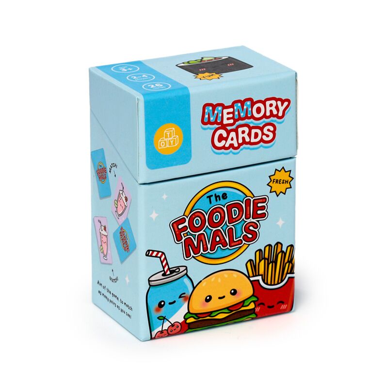 Caixa do jogo Foodiemals Memory Cards da Puckator, mostrando as cartas e o design divertido dos alimentos animados.