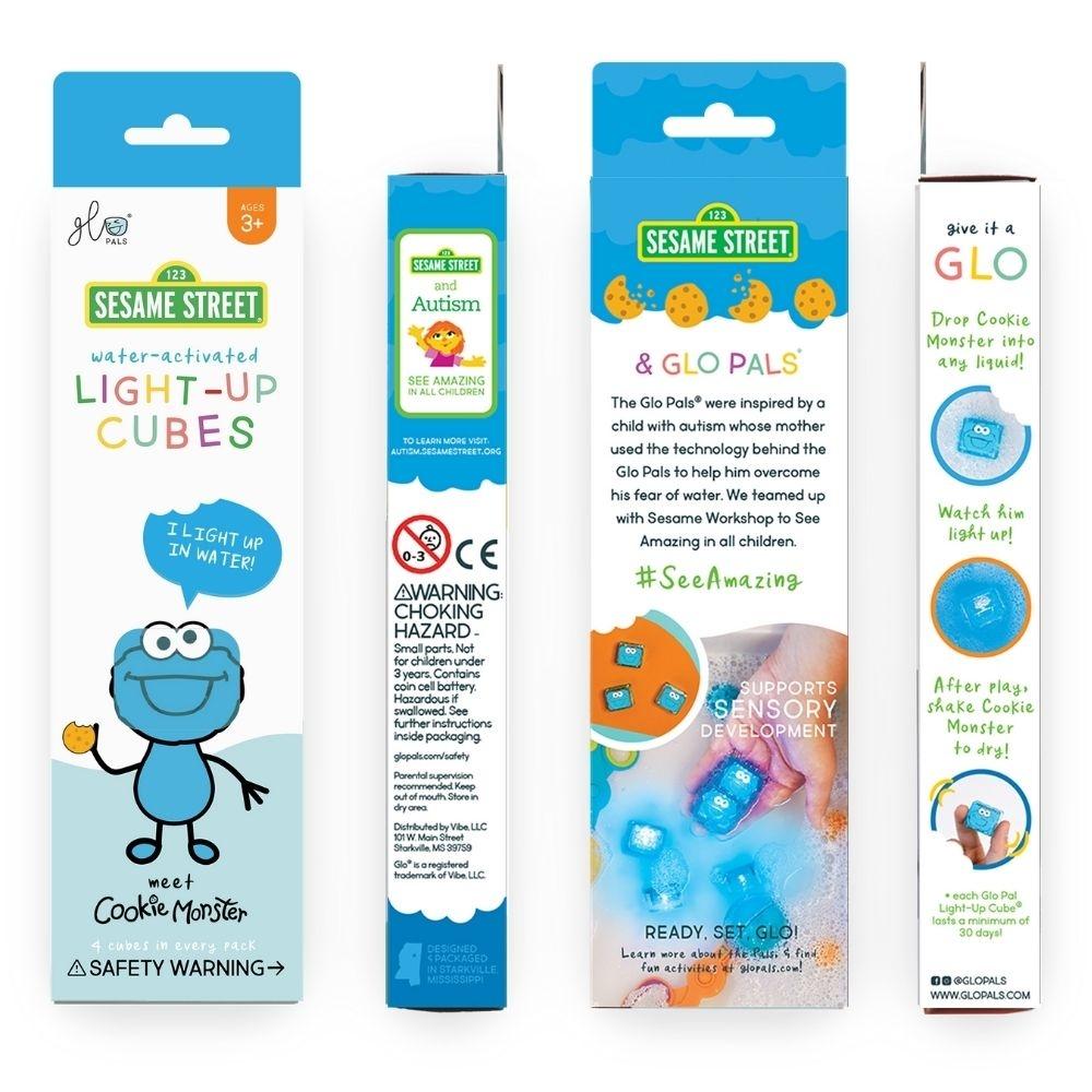 Detalhes da embalagem dos GloPals Cubos de Luz Monstro das Bolachas, incluindo instruções e informações de segurança.