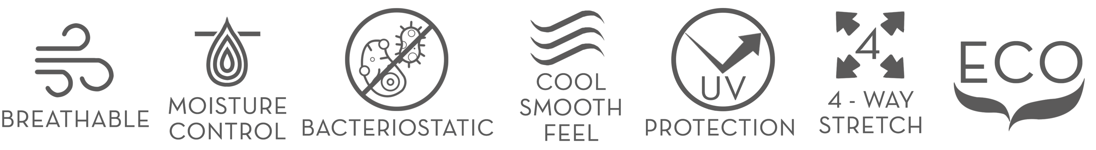 Ícones que representam as características do pano elástico Isara TANBOOCEL BAMBOO, incluindo regulação de temperatura, propriedades antibacterianas, proteção UV, e ecologia.