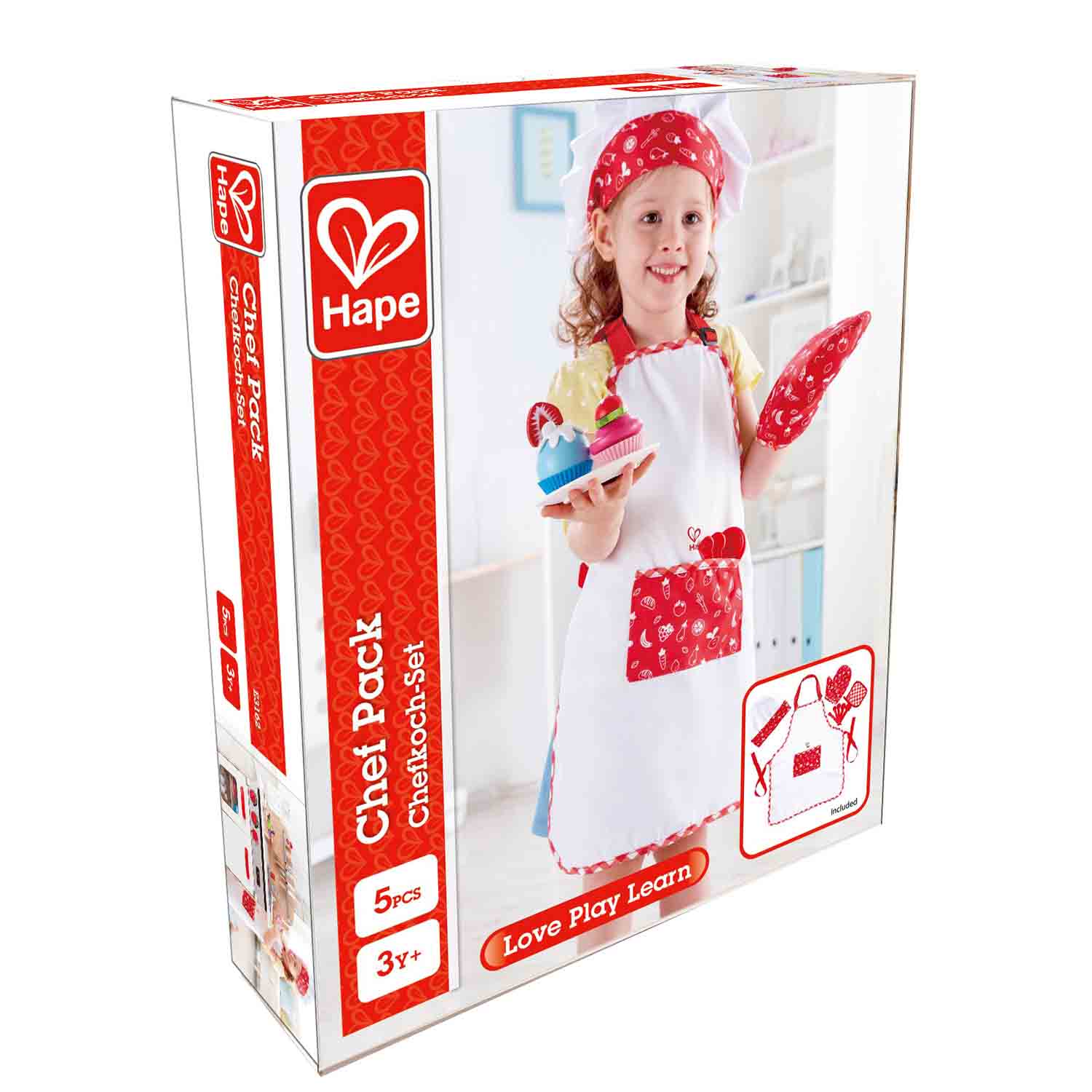 Caixa do Hape Fato de Chef pastelaria com imagem do produto e marca Hape.