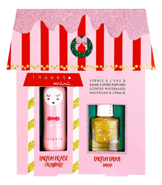 Embalagem frontal do Inuwet Conjunto de Bálsamos Labial e verniz Strawberry e Papaia, com design de casa e produtos visíveis.