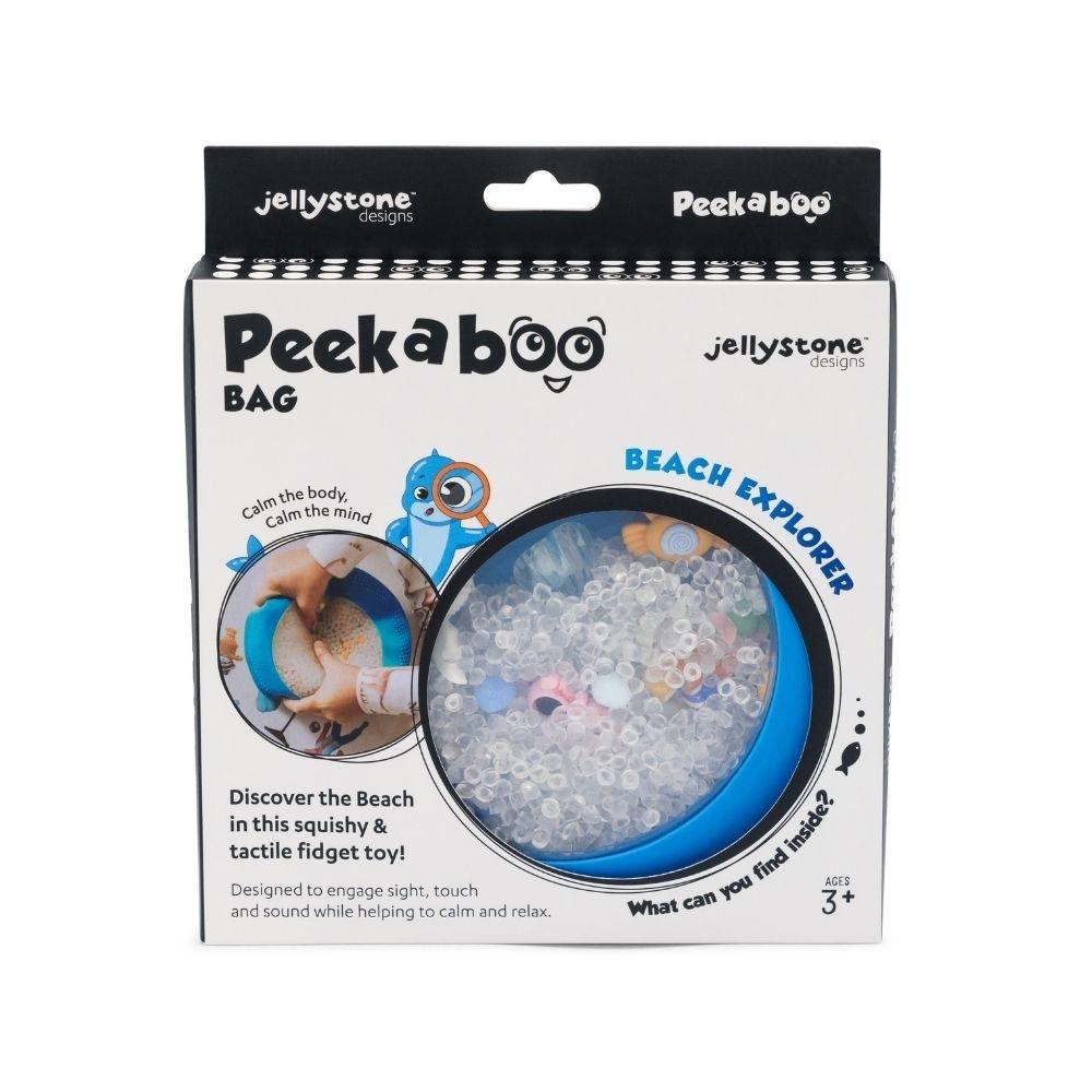Embalagem da Jellystone Peekaboo Bag Beach Explorer com descrição das características.