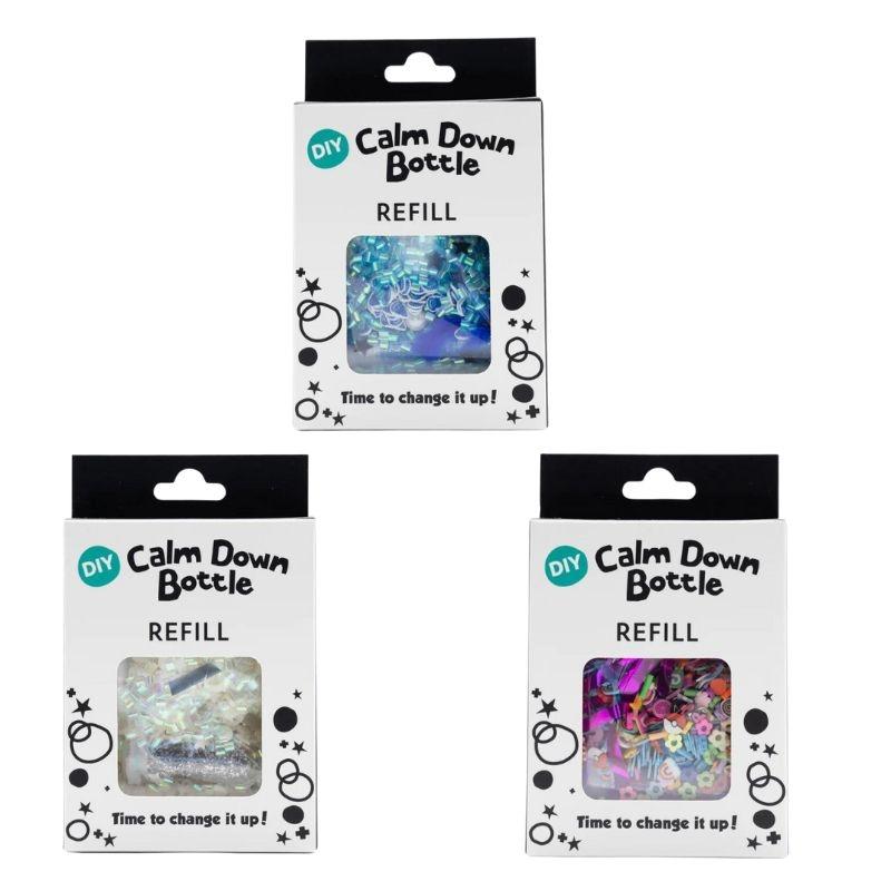 Imagem com três embalagens de recarga Jellystone para garrafas da calma, mostrando diferentes temas de glitter e elementos.