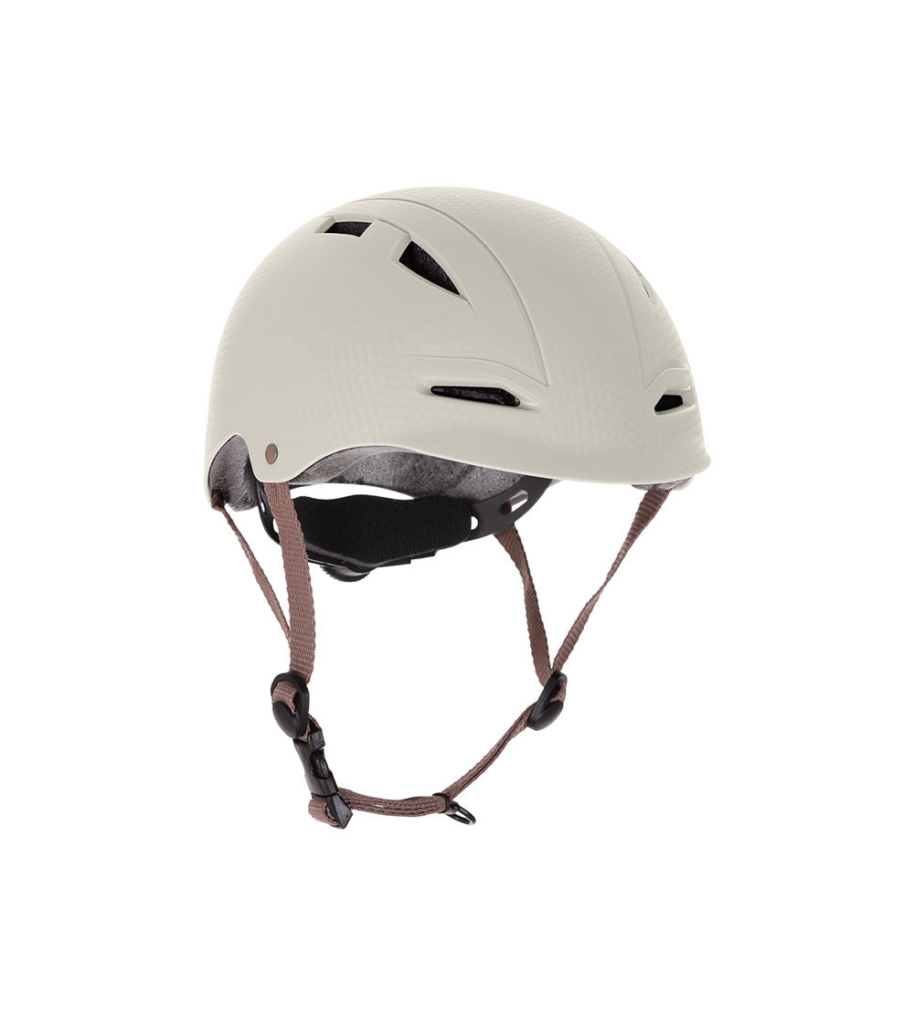 Capacete infantil Kikkaboo bege (46-56 cm) para 2-7 anos. Vista lateral do capacete de segurança leve.