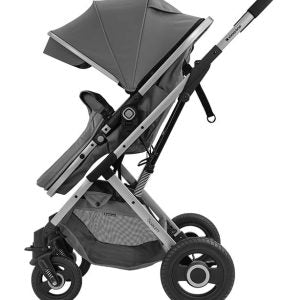 Carrinho de passeio Kikkaboo Scarlett 2 em 1 cinzento, com o assento em posição vertical e voltado para a frente.