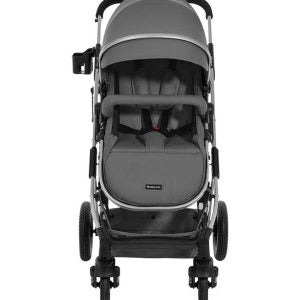 Vista frontal do carrinho Kikkaboo Scarlett 2 em 1 cinzento, com o assento voltado para a frente e capota estendida.