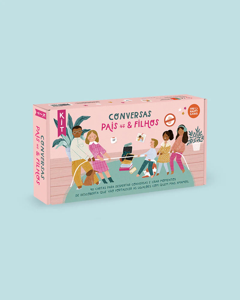 Caixa do jogo "The Happy Gang - Conversas Pais vs Filhos" com ilustração de família a conversar, destacando a comunicação e união.