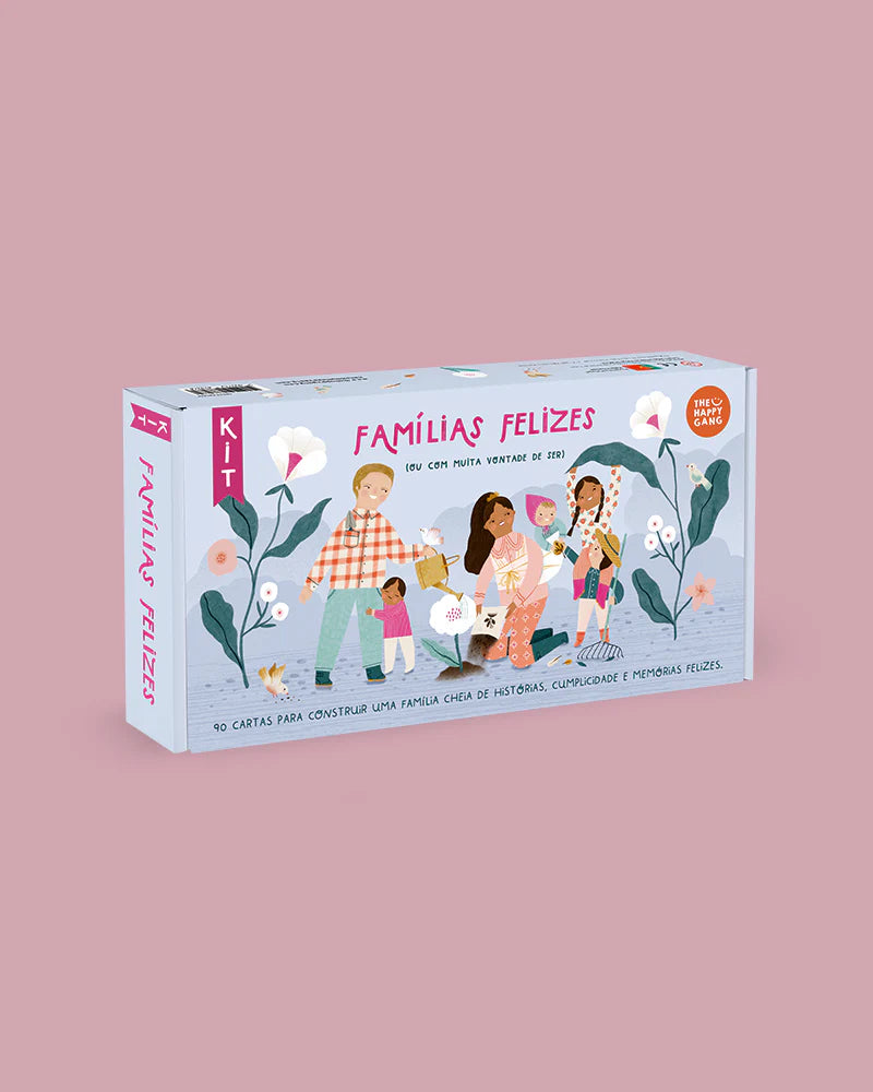 Kit de cartas "The Happy Gang - Famílias Felizes" em caixa ilustrada, com famílias e flores, para momentos de conexão.