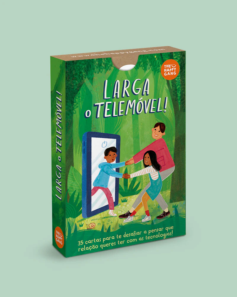 Caixa do jogo "The Happy Gang - Larga o Telemóvel" com ilustração de um adulto e duas crianças a puxar uma criança para fora de um telemóvel, simbolizando a desconexão digital.