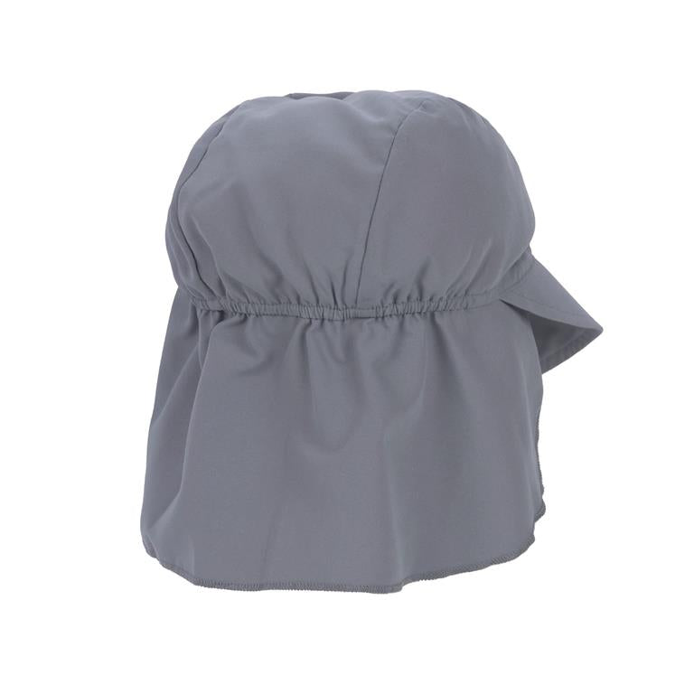 Vista traseira do chapéu solar Lassig cinzento com aba longa para proteção do pescoço do bebé.