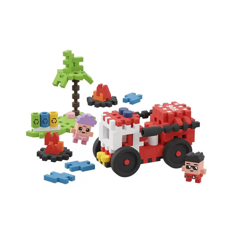 Camião dos Bombeiros construído com as peças Marioinex Mini Waffle City, juntamente com figuras e cenário.