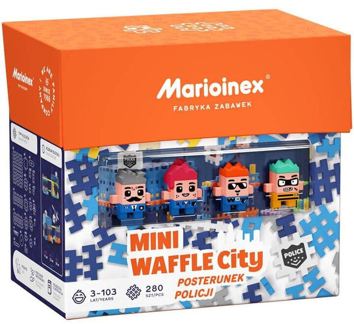 Caixa do brinquedo Marioinex Mini Waffle City - Estação da Polícia, mostrando as 4 figuras e 280 blocos incluídos.