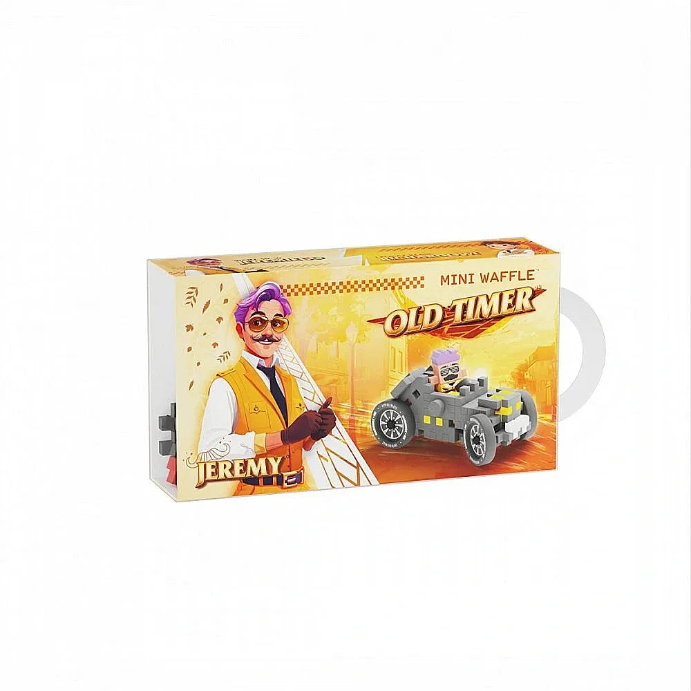 Caixa do Marioinex Mini Waffle Old Timer - Jeremy, mostrando o carro construível e a personagem Jeremy. Ideal para crianças que gostam de carros e atividades manuais.