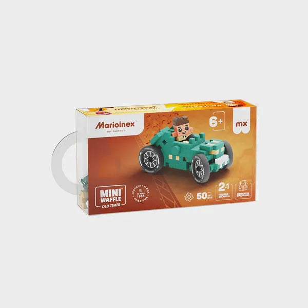 Embalagem do Marioinex Mini Waffle Old Timer - Richard com detalhes da idade recomendada (6+) e número de peças (50+). Mostra o carro construído.
