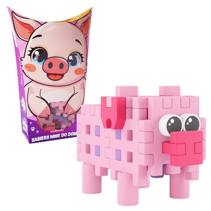 Porco rosa construído com blocos Mini Waffle Pocket Pets da Marioinex, ao lado da sua embalagem.