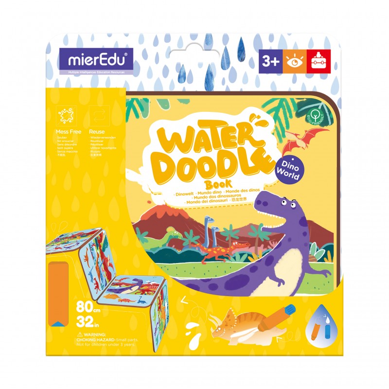 Imagem da capa do livro de pintar com água, mostrando dinossauros coloridos e informações sobre o produto.