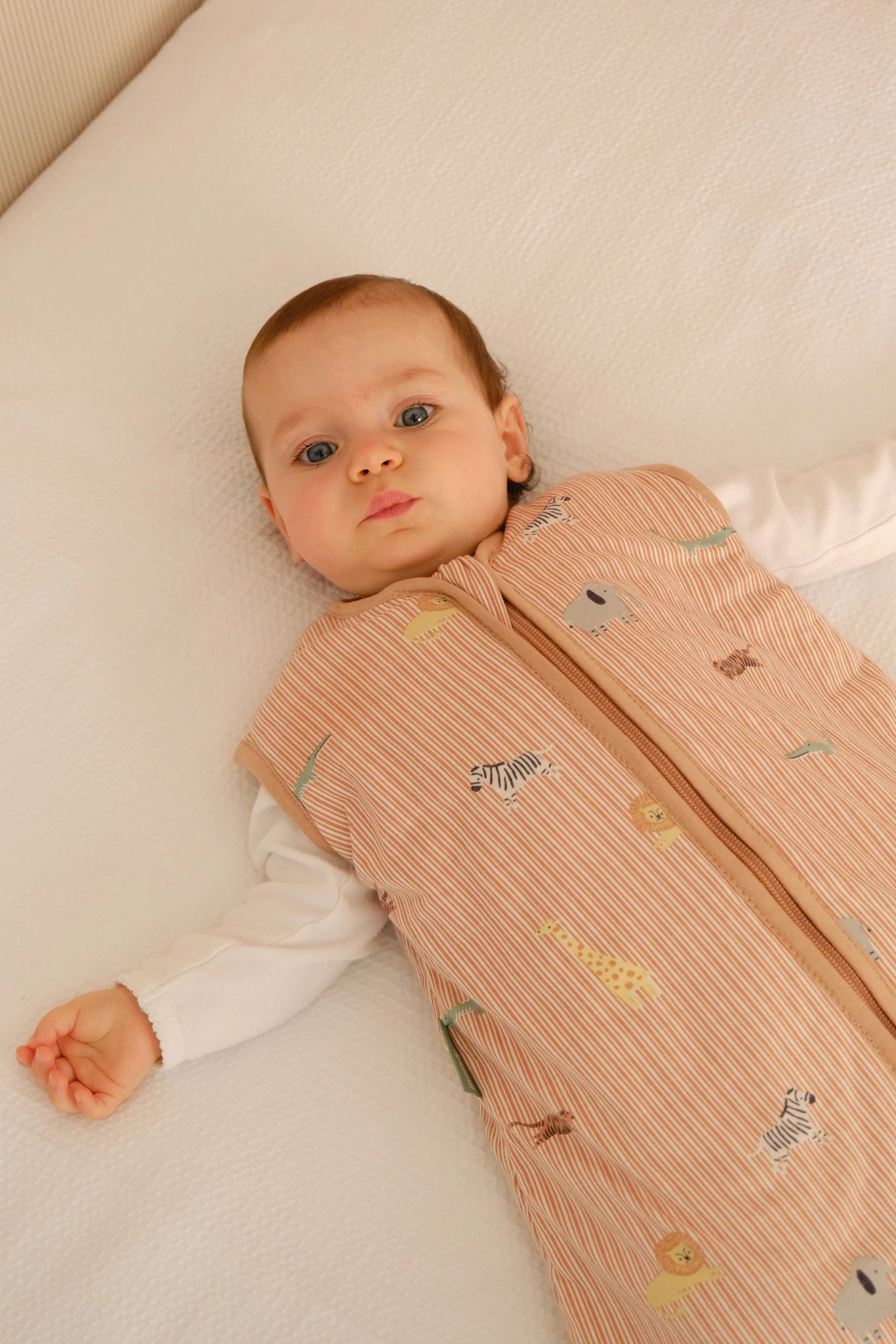 Bebé com olhos azuis no saco de dormir MolisandCo TOG 1.0 Jungle, padrão de animais e riscas.