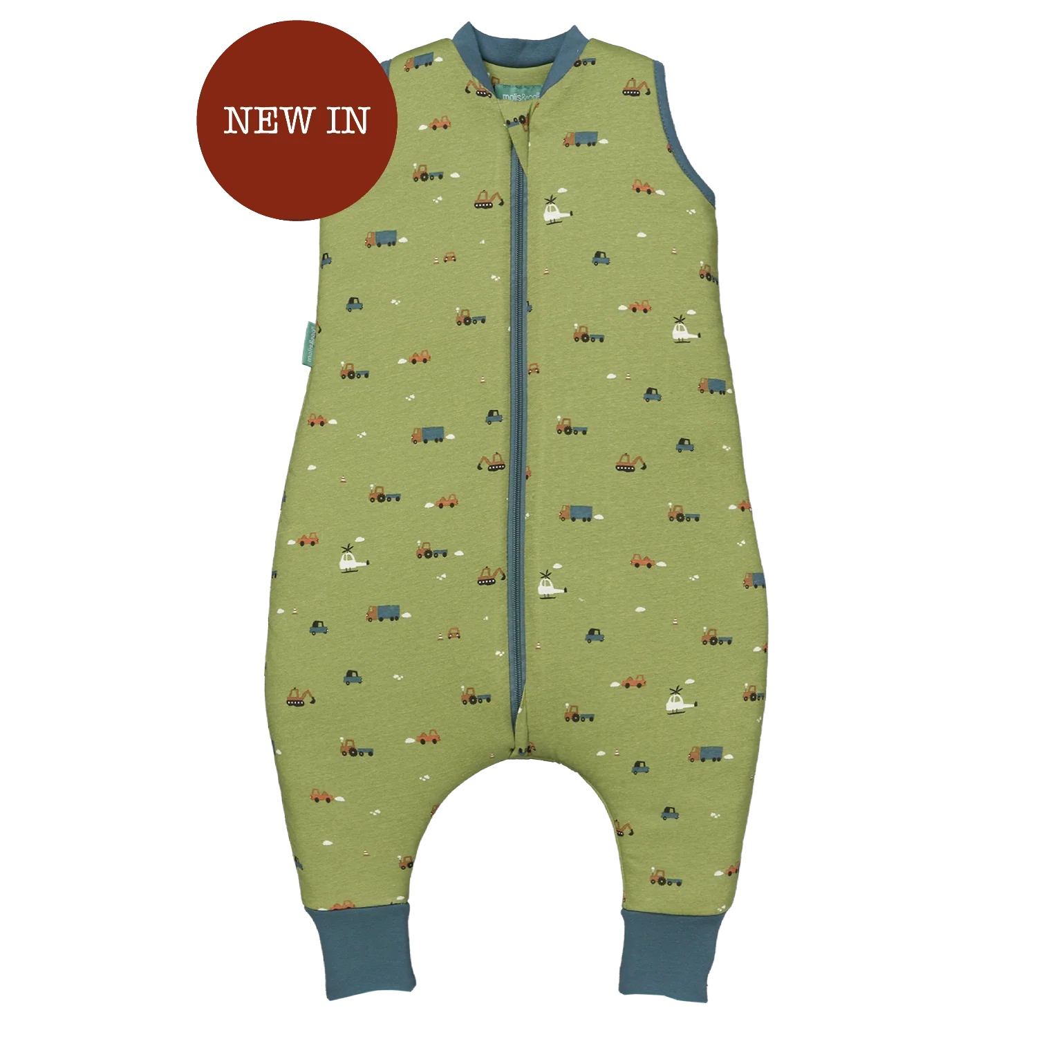 Saco de dormir MolisandCo TOG 2.5 com pés, padrão Little Drivers, em verde, com fecho e punhos azuis. Novo.