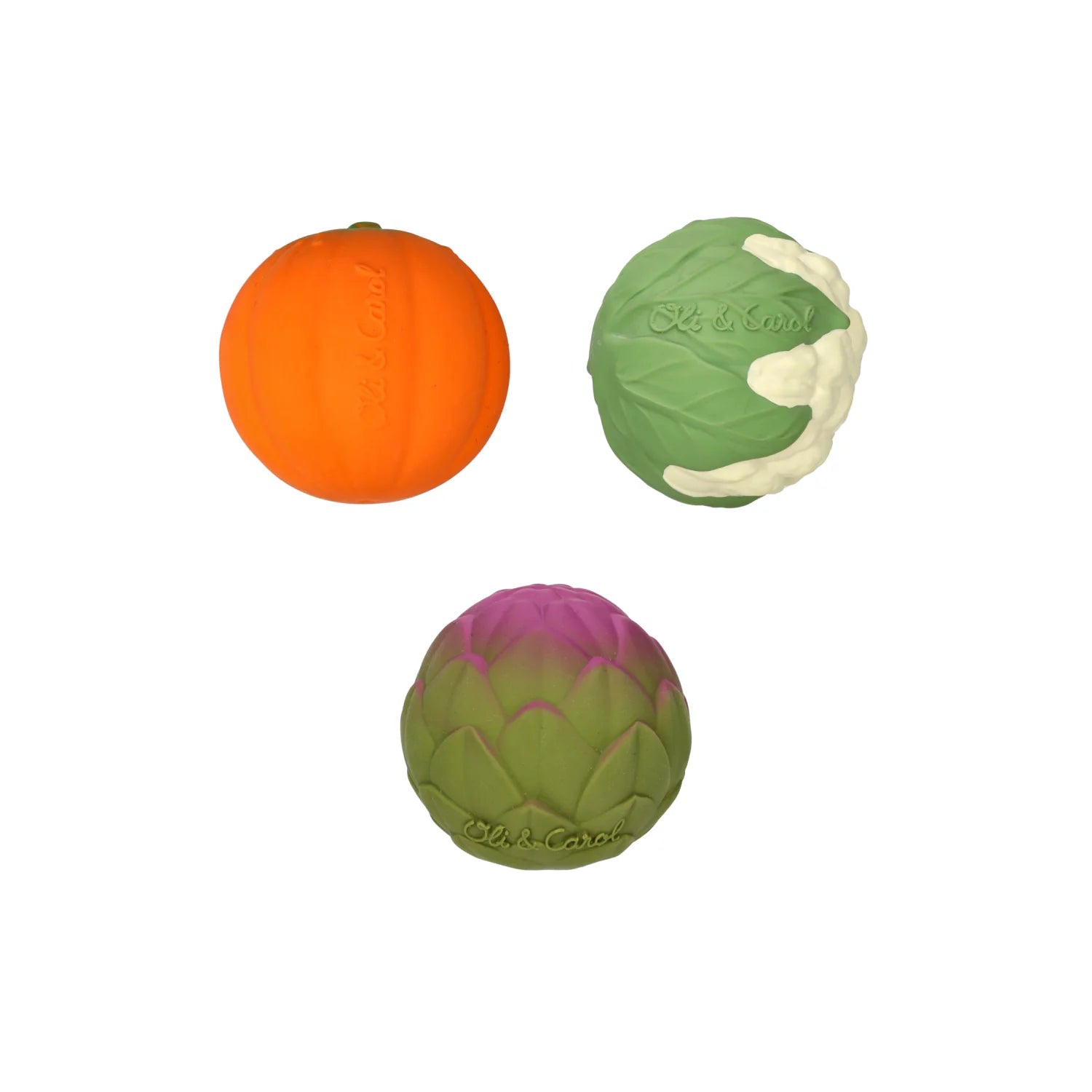 Conjunto de três bolas sensoriais Oli & Carol "Sopa de Legumes", representando alcachofra, couve-flor e abóbora. Brinquedo sensorial para bebés, feito de borracha natural.