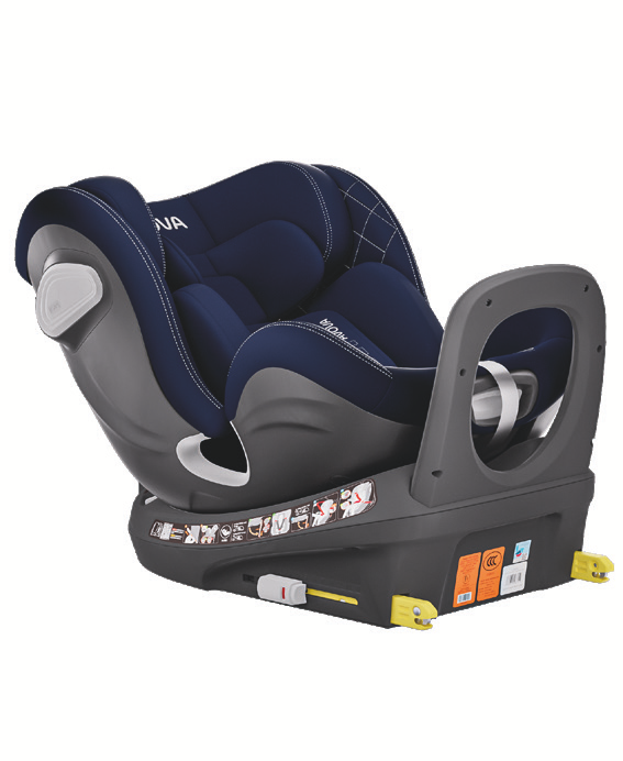 Vista lateral da cadeira auto Avova SWAN-FIX em azul escuro, destacando o design ergonómico e moderno.