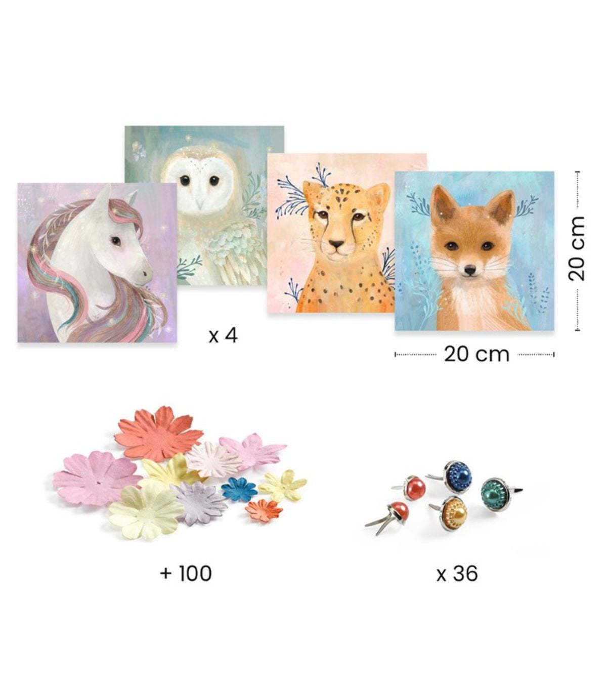 Conteúdo do kit Djeco Actividades Pinturas em 3D - Coroas de Flores, incluindo os quatro cartões de animais (20x20cm), mais de 100 flores e 36 alfinetes de pérola.