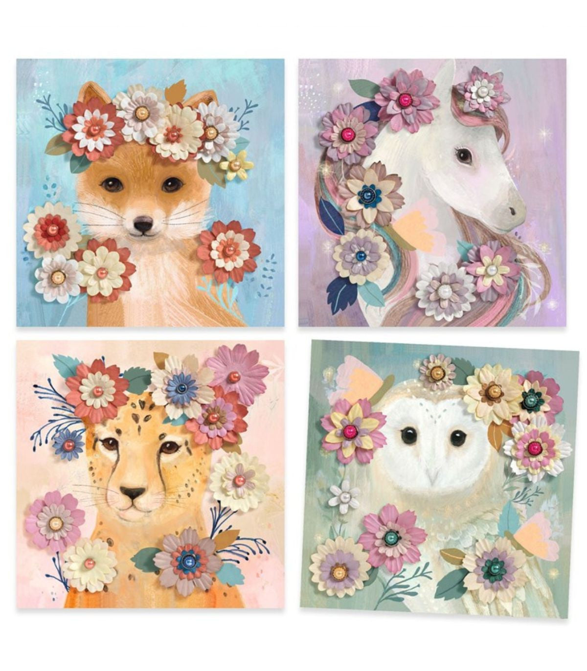 Quatro quadros completos das Djeco Actividades Pinturas em 3D, exibindo uma raposa, um unicórnio, uma chita e uma coruja decorados com coroas de flores 3D.