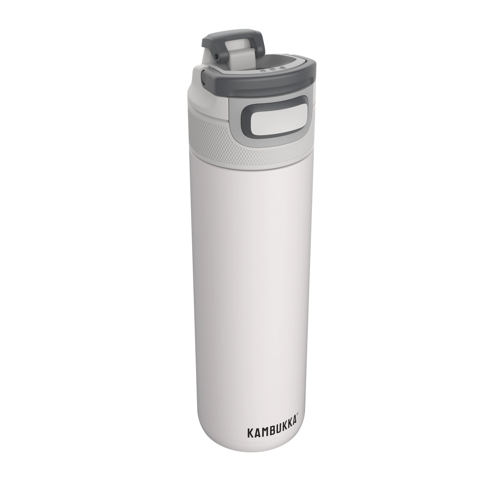 Garrafa térmica Kambukka ELTON Chalk White 600ml vista em perspetiva, mostrando o design elegante e a tampa cinzenta.