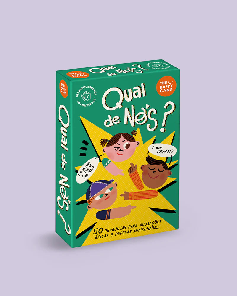 Caixa do jogo de cartas THE HAPPY GANG - Qual de nós?, com ilustrações de crianças e frases como "É mais corajoso?" e "O melhor a guardar segredos?".