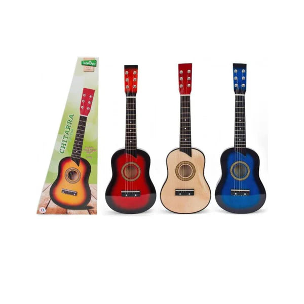 Três guitarras coloridas de brinquedo, em vermelho, madeira natural e azul, dispostas em linha, com a caixa da guitarra visível ao lado.