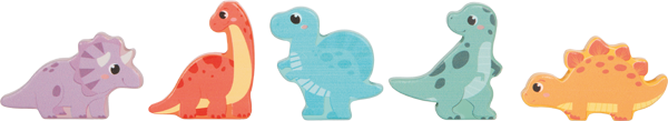 Imagem das 6 peças de dinossauro do Puzzle de Memória Dino da Small foot, mostrando os detalhes e cores vibrantes de cada dinossauro.