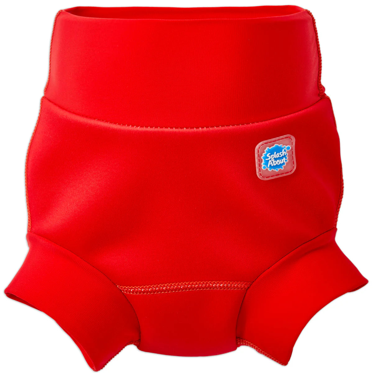 Fralda / cueca de natação reutilizável Splash About Happy Nappy em vermelho vivo, vista frontal, isolada.