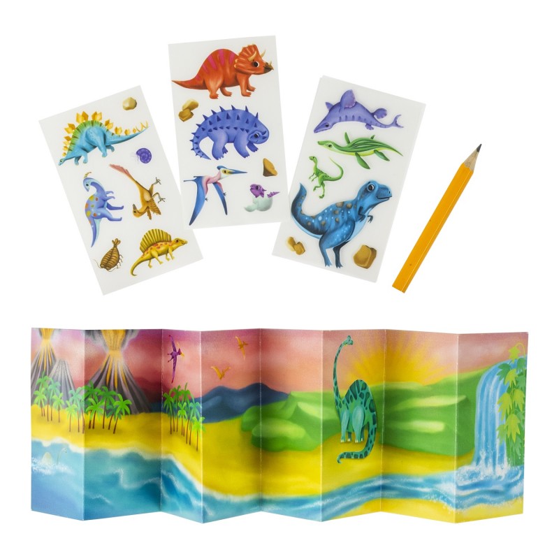 Três folhas de autocolantes de dinossauros e um lápis amarelo, sobre um fundo branco, mostrando os detalhes dos autocolantes.
