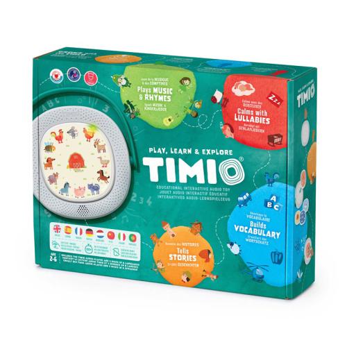 Caixa do Timio mostrando os diferentes temas dos discos e os idiomas disponíveis, ideal para crianças de 2 a 6 anos.
