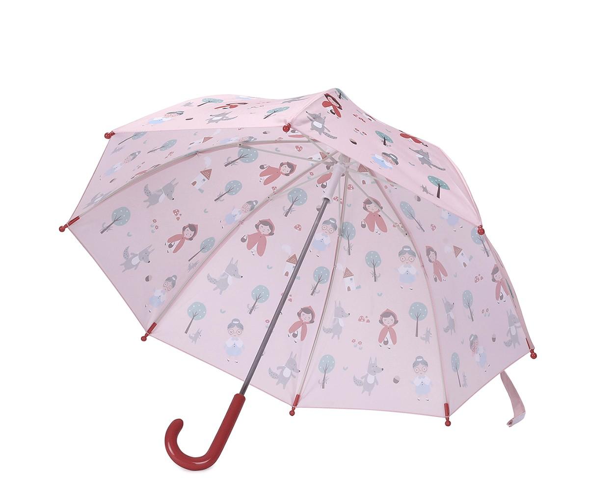 Guarda-chuva infantil Tutete O Capuchinho Vermelho aberto, mostrando o design encantador com ilustrações da Capuchinho Vermelho e do lobo num fundo rosa claro.