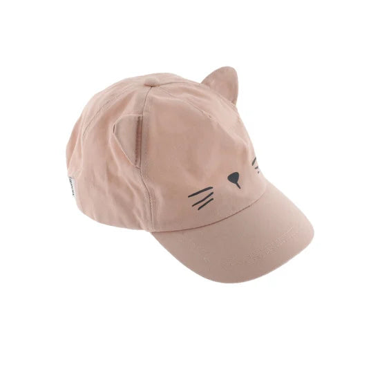 Boné infantil Victoria em lona rosa com design de gato, vista lateral mostrando as orelhas e rosto.