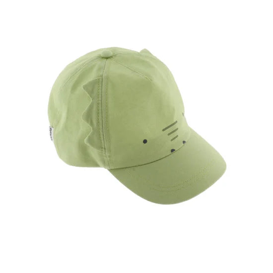 Boné infantil Victoria em lona verde com design de crocodilo, vista lateral mostrando as "escamas" e rosto.