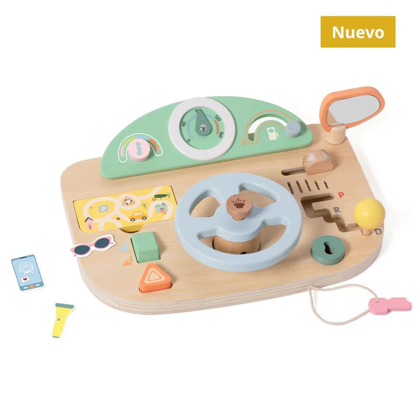 Classic World Volante Multifunções de madeira com a etiqueta "Nuevo", destacando o design colorido e as várias funções.