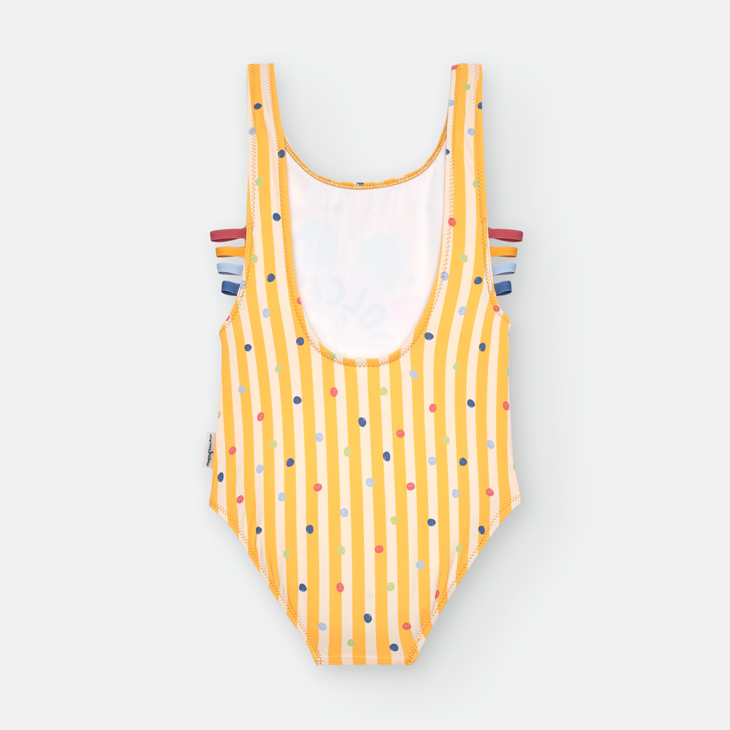 Verso do fato de banho Waterlemon para adolescente, amarelo com riscas e bolinhas coloridas, detalhe das tiras laterais.