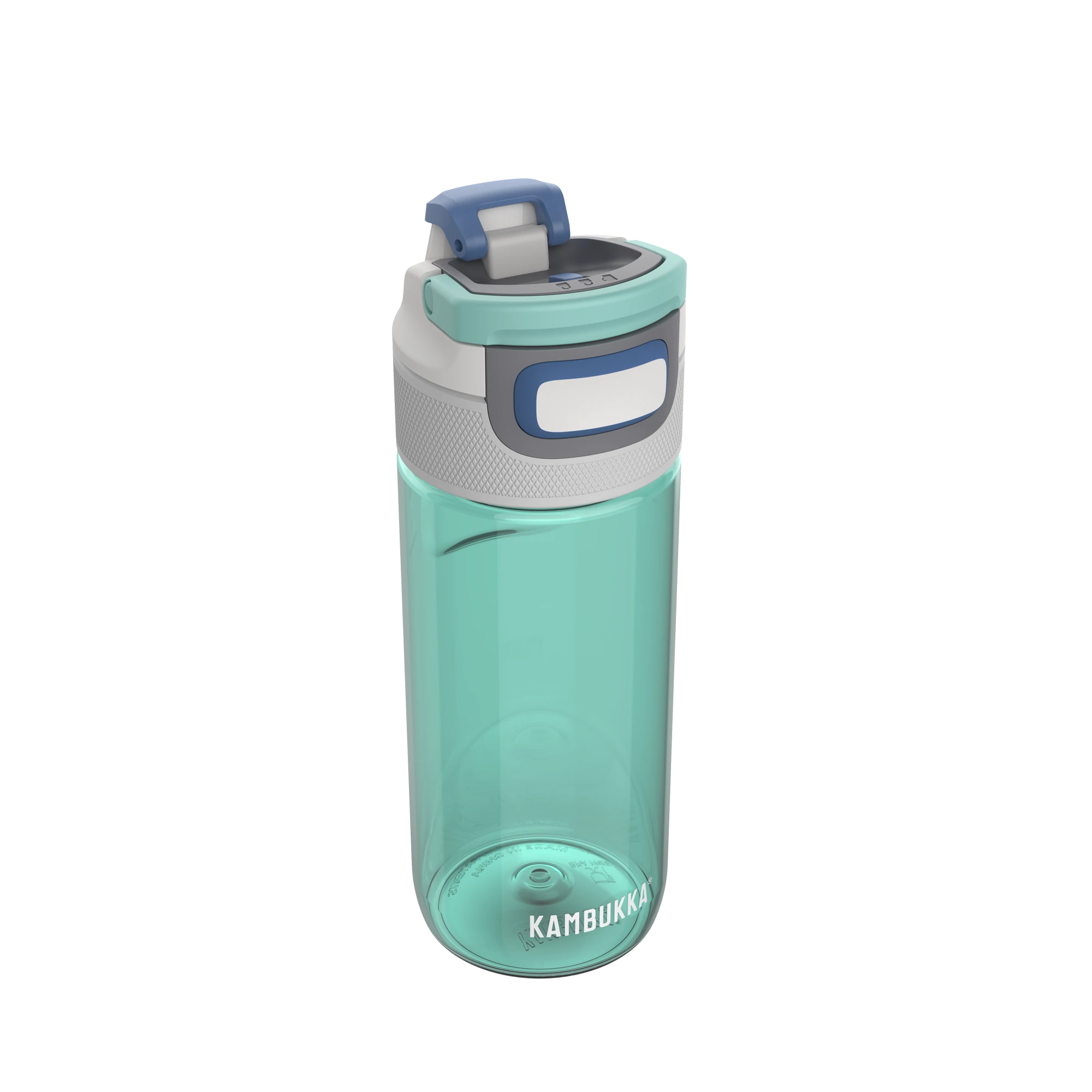 Garrafa Kambukka Elton 500ml verde água transparente com tampa cinzenta e verde, vista em ângulo.