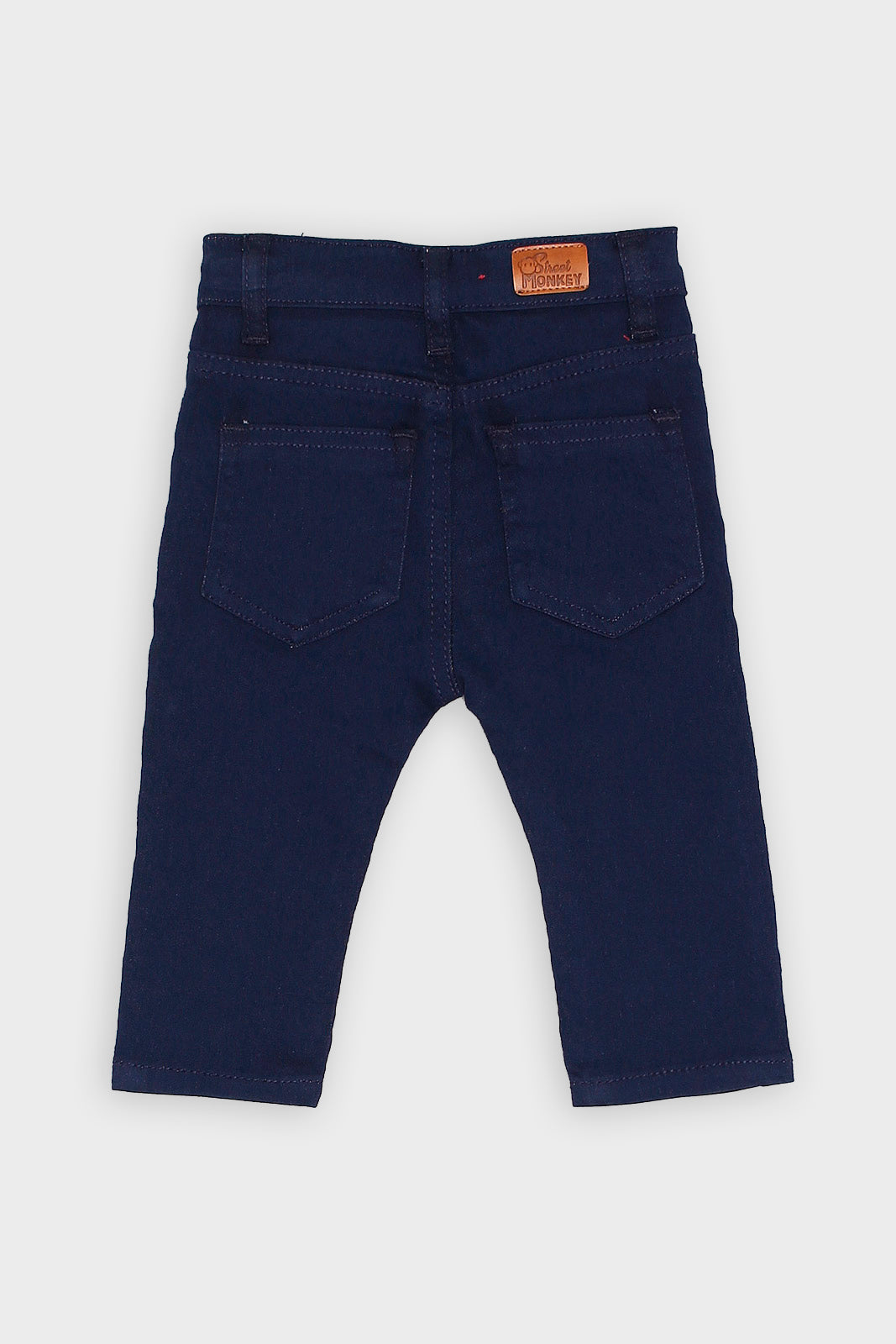 Calças Street Monkey Criança em azul marinho, vista traseira, com bolsos e etiqueta da marca na cintura.