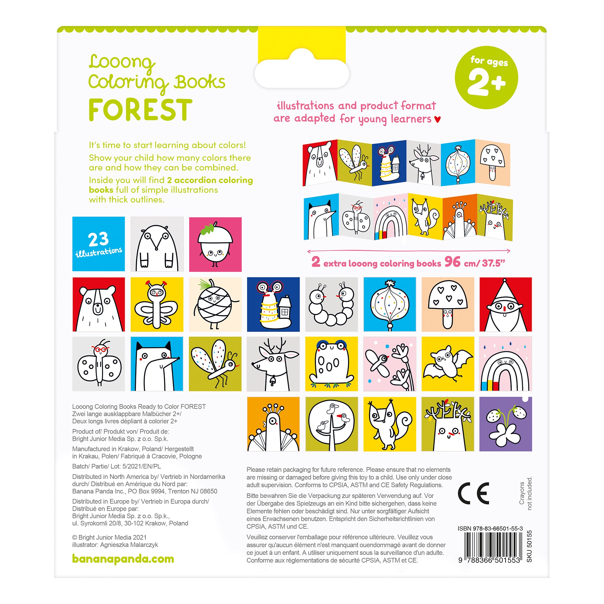 Parte traseira da embalagem Banana Panda "Looong Coloring Books Forest", mostrando diversas ilustrações, dimensões de 96cm e informações do produto.
