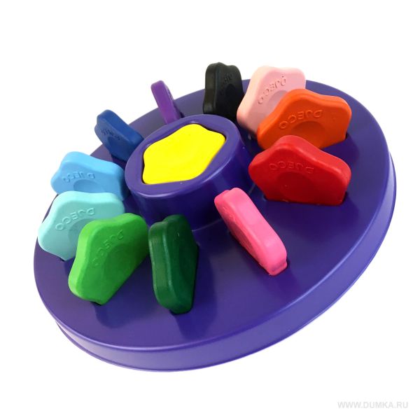 Lápis de cera Djeco em forma de flor no suporte roxo, exibindo as diversas cores e o design adaptado para mãos pequenas.