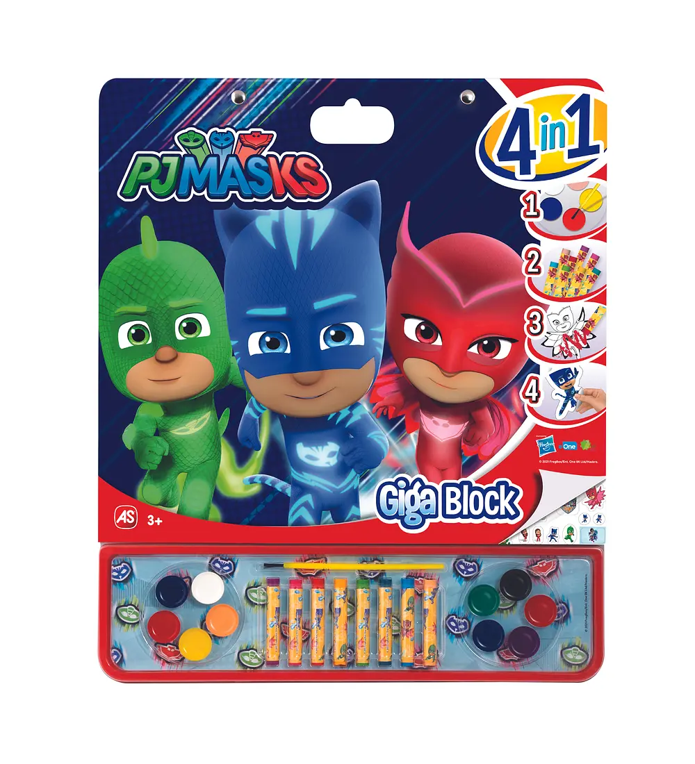 Bloco gigante de desenho com os PJ Masks, incluindo lápis de cera, aguarelas e autocolantes.