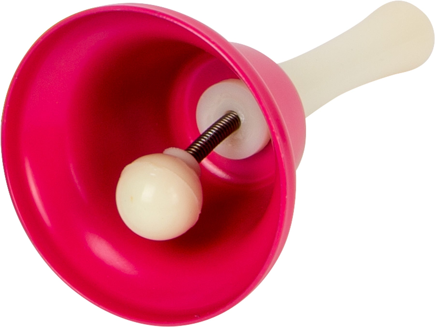 Close-up de uma campainha rosa, mostrando o detalhe do cabo branco e o mecanismo interno.