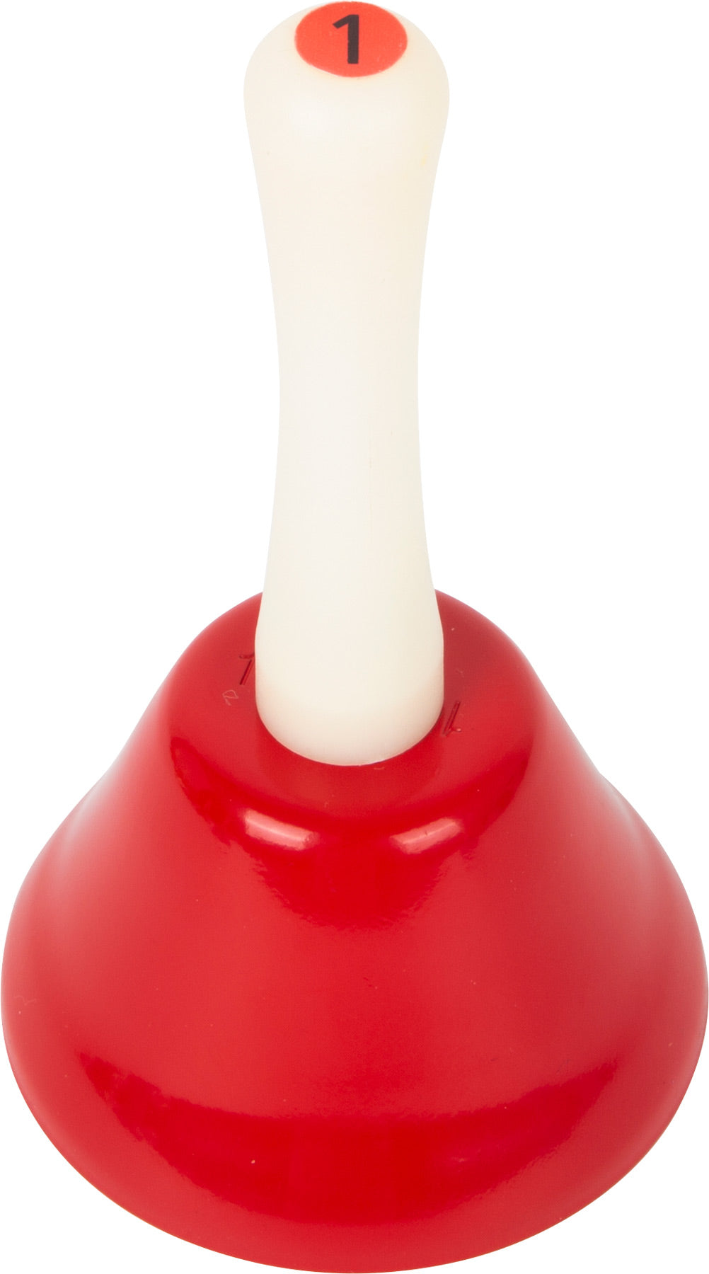 Close-up de uma campainha vermelha, mostrando o detalhe do cabo branco e o mecanismo interno.